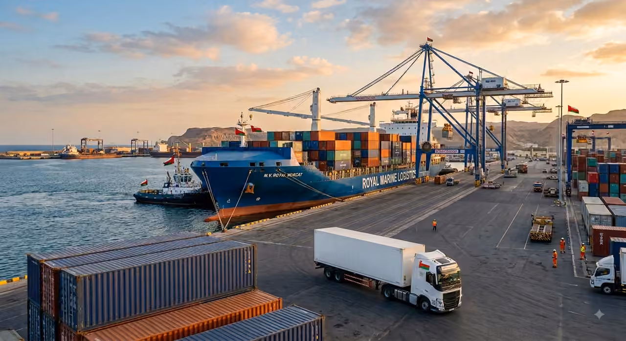 Port cranes loading a cargo vessel — your trusted maritime and logistics partner in Oman